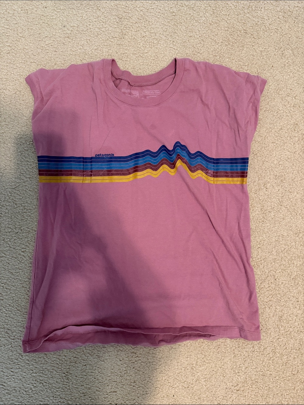 Patagonia Pink Tee with Blue and Yellow Stripes